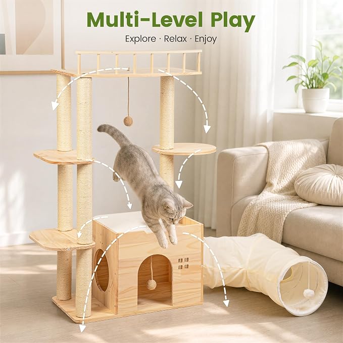 45 Inch Solid Wood Cat Tree, Modern Cat Tower for Indoor Cats, Cat Condo with Single Tunnel, Sisal Scratching Posts, High Perch Platform, Washable Cushion, Hanging Balls, Natural - Image 7