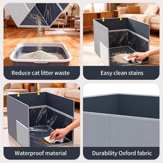 Aokeyee 2PCS Cat Litter Box Enclosure Splash Guard, Gray Waterproof | 27.16x21.65x16.53, Removable PVC Mat with 2 Hooks, Foldable Anti-Leakage Dust Control - Image 8