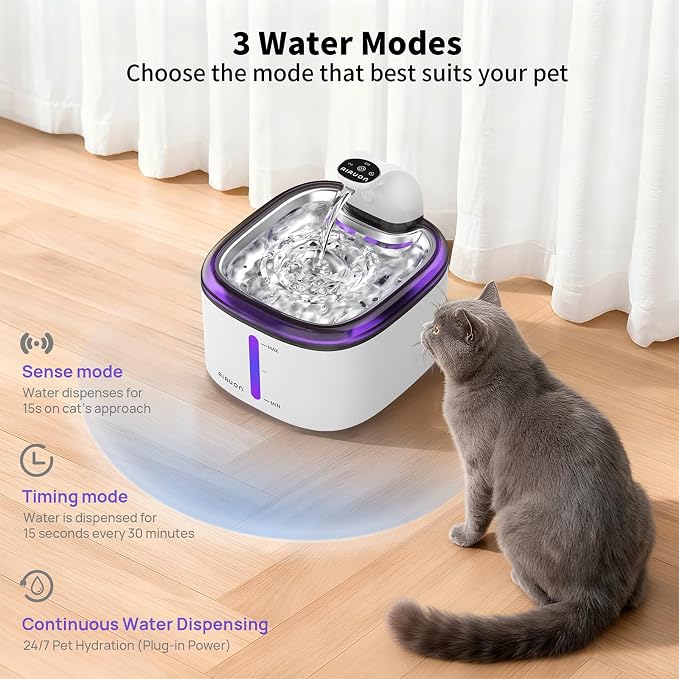 Cat Water Fountain Cordless 118oz/3.5L Wireless & Battery Operated Pet Water Fountain for Indoor Cats, Stainless Steel Tray with Sensor & Timer Modes, Ultra-Quiet, BPA-Free (Cat Fountain+8Filters) - Image 4