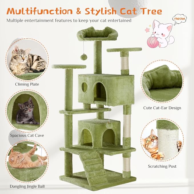 Sweetcrispy 54-inch Cat Tree Tower with Scratching Posts, Indoor Use | Multi-Level Indoor Cat Tree Condo with Climbing Ladder, Plush Toy, Play House for Kitten, Green - Image 3