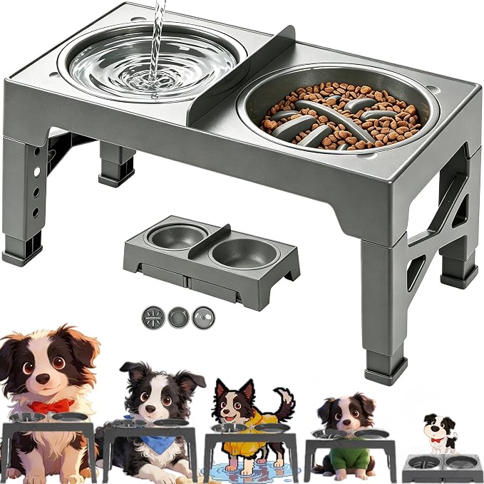 3-in-1 Elevated Slow Feeder and Water Bowls for Dogs, 4 Height Adjustable Raised, Separate Dry and Wet Areas, Prevent Water Overflow, Foldable Pet Bowl by Unknown