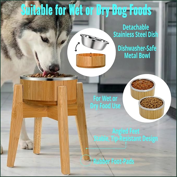 Elevated Dog Bowl for Mid-Large Breed, (12-Inch High, 64-oz) | Raised Food and Water Bowl with Stand, Flip-Resistant - Real Bamboo and Stainless Steel - Image 4