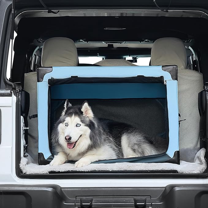 JOYTUTUS Collapsible Dog Crate, 32 Inch Portable Pet Crate for Car, Travel Dog Kennel Foldable Dog Crate for Large Dog 50lbs, Soft Cat Carrier Fit for Indoor & Outdoor/Trunk (Blue) by JoyTutus