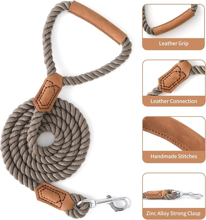 Mile High Life Dog Leash Braided Cotton Rope w/Leather-Wrapped Ends/Handle | Rust-proof 360° swivel clasp, Heavy-duty for medium/large breeds. Great for weddings, daily walks (6 FT, 1/2", Black) - Image 5