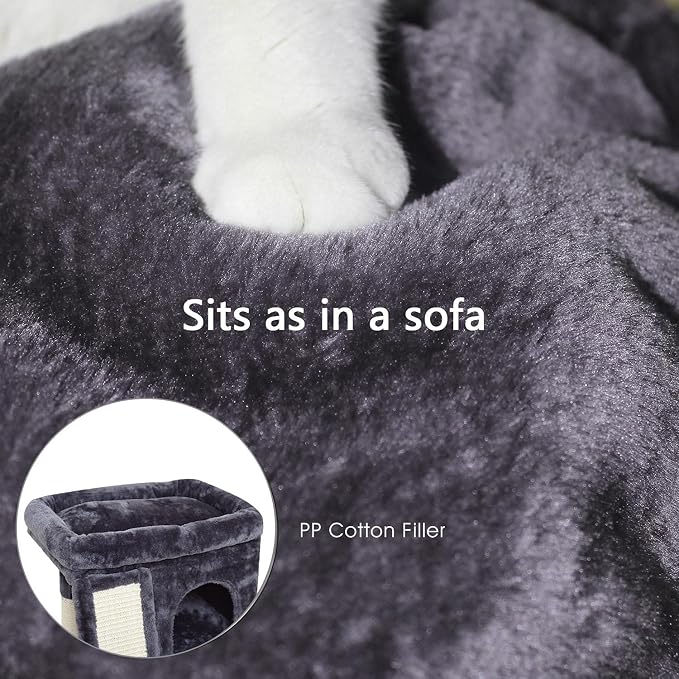 SYANDLVY Small Cat Tree for Indoor Cats Large Adult, Activity Tower with Scratching Post, Modern House with Padded Perch, Kittens Condo with Board, Cat Cave (Smoky Grey) - Image 5