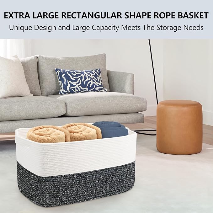 MEGASKET Extra Large Toy Box, 22" x 17" x 12" Rectangle Blanket Basket Living Room, Woven Cotton Rope Baskets for Storage, Soft Toy Storage Organizer Bin Chest, Kids Toy Box fo Living Room - Image 3