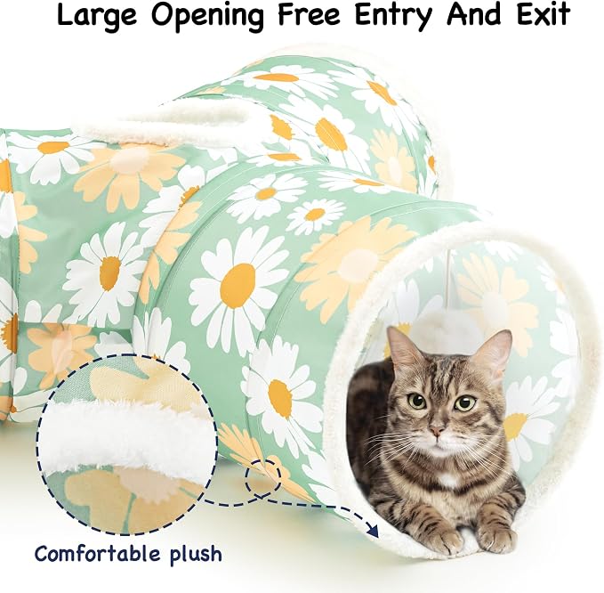 Tempcore Cat Tunnel for Indoor Cats, 3 Way Collapsible Pet Play Tunnel with Teaser Wand, Peek Holes & Hanging Ball, Interactive Tube for Kittens & Rabbits, Daisy Green Printed - Image 3