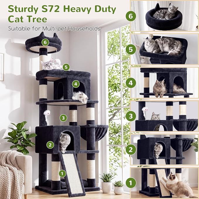 Globlazer Heavy Duty Cat Trees for Large Cats, Sturdy 72in Maine Coon Cat Tree for Large Cats 20 lbs+ Heavy Duty Cat Tower for Adult Biggest Cat with 6 Scratching Posts, Hammock, S72, Smoky Gray - Image 2