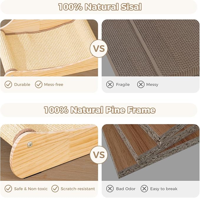 Avont Sisal Cat Scratcher Bed for Indoor Cats, Solid Wood Scratching Lounge | No-Mess Horizontal Scratcher -Large - Image 4