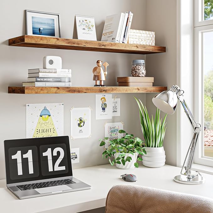 Fixwal Floating Wall Shelves for Decor (Rustic Brown, Set of 2, 35.4Inch) | MDF Shelf with Metal Brackets, Space Saving for Books , Decor, Fits Bathroom, Kitchen, Bedroom, or Office - Image 4