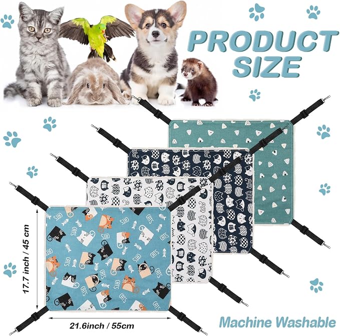 4 Pack Cat Hammock for Cage, Reversible Cat Hanging Hammock Soft Large Double Sided Pet Bed with Adjustable Straps & Metal Hooks for Cats Ferret Kitten Puppy Rabbits Small Animals - Image 2