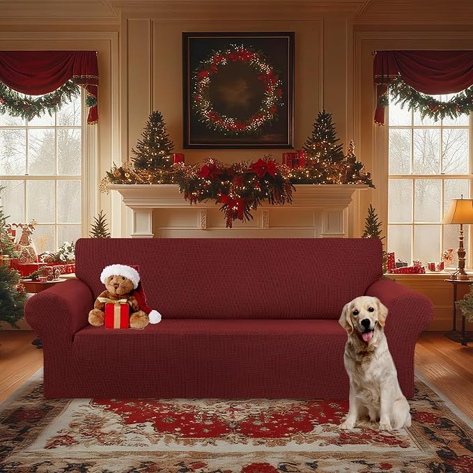 KEKUOU Stretch Oversized Couch Covers for Sofa Slipcover,Dark Red | 1-Piece Washable Sofa Cover (94"-110") 4-Seater Furniture Protector, Soft Jacquard Non-Slip Elastic Bottom for Dogs & Kids - Image 2