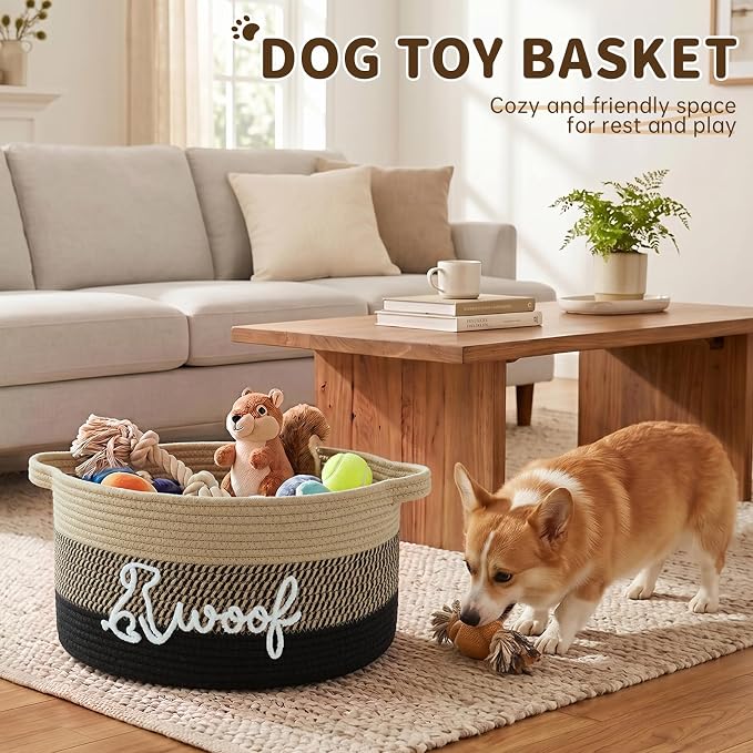 OIAHOMY 22L Large Dog Toy Basket, 16.5"x11.4"x9" Cotton Rope Basket with Cute Woof Embroidery, Soft Woven Pet Toy Box with Handles for Blankets, Leashes & Puppy Accessories, Yellow Black - Image 2