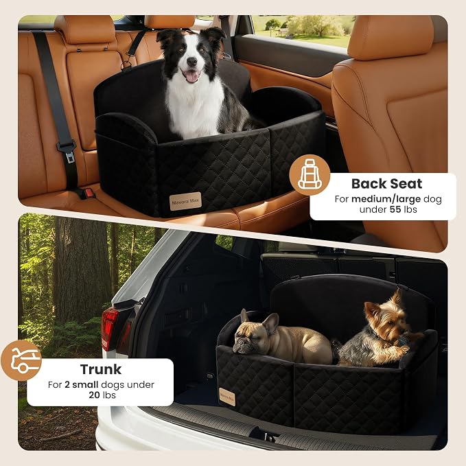 Dog Car Seat for Medium/Large Dogs, Pet Booster Car Bed up to 55lbs, Black | Dog Car Seat for 2 Small Dogs, Memory Foam Cushion, Detachable Washable Cover, 2 Safety Leashes, Non-Slip, Fits Back Seat - Image 6