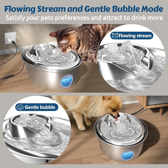ORSDA Stainless Steel Cat Water Fountain, Automatic Pet Water Fountain, 100oz/3L Drinking Fountain Dog Water Dispenser with Water Level Window- 3 Filters +1 Pump Sponges(D66) - Image 3