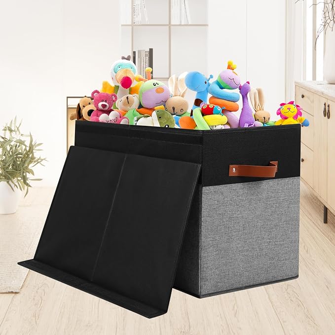 Large Toy Storage Box with Lid, Toy Chest Bin Boxes Basket with Dividers | Sturdy Toy Organizer Bin for Kids, Boys, Girls, Nursery, Living Room, Bedroom, Playroom 25"x13" x16"(Black and Grey) - Image 2