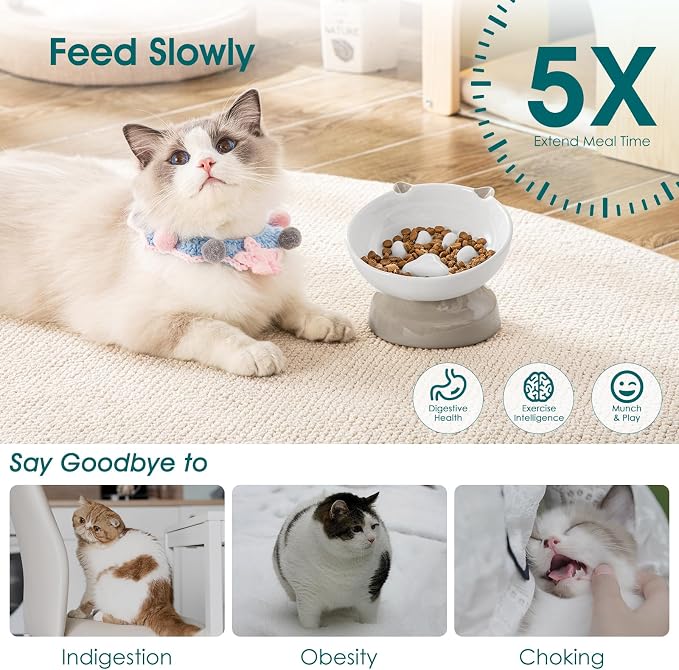 vancasso Ceramic Elevated Slow Feeder Cat Bowls,Slow Feeder Elevated Cat Bowl Wet Food, Raised Cats Bowl for Indoor Cats (Grey) - Image 4