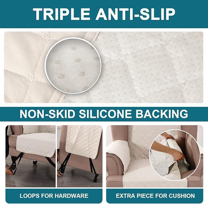 Turquoize 100% Waterproof Wing Chair Cover Wing Armchair Slipcovers Chair Couch Protector Triple Non-Slip Sofa Slipcover for Wing Chair Furniture Protector for Pets, Kids,Dog (Wing Chair, Ivory) - Image 4