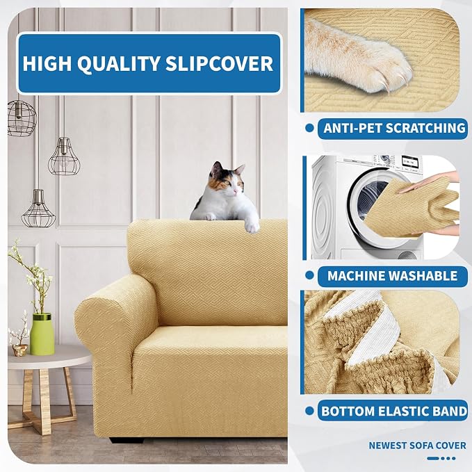 XINEAGE Stretch Jacquard Loveseat Cover, Non Slip Sofa Slipcover for Dog | High-Stretch Fabric. Wear-Resistant, Pet Friendly. Easy Install & Washable for Living Rooms, Offices.Beige - Image 6
