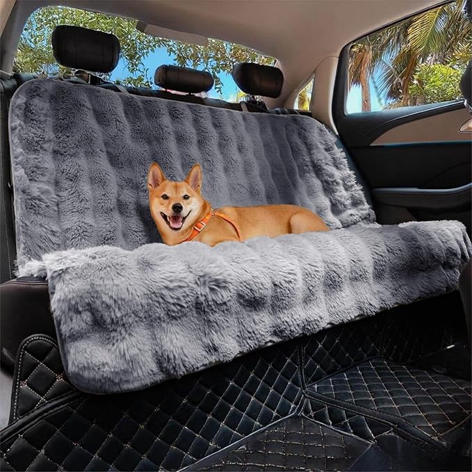 FUNNY FUZZY Luxurious Dog Car Seat Cover, Waterproof Backseat Covers | Faux Rabbit Fur, Full Backseat Protector, Non-Slip, Hair, Dirt & Scratch Defense, Machine Washable, Fits Cars, SUVs & Trucks by FUNNYFUZZY