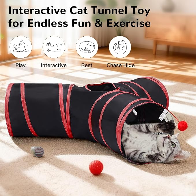 Tempcore Cat Tunnel for Indoor Cats, 3 Way Collapsible Pet Play Tunnel with Teaser Wand, Peek Holes & Hanging Ball, Interactive Tube for Kittens & Rabbits, Black & Red - Image 3