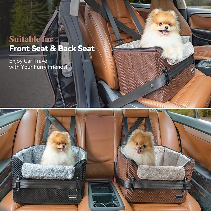 PETSFIT Car Seat for Dogs, Waterproof PU Leather Dog Car Seat for Small Dogs with Patent Safe Buckles, Clip-On Leash, Pet Travel Carrier Bed for Small Pets Up to 25lbs (Brown) - Image 2