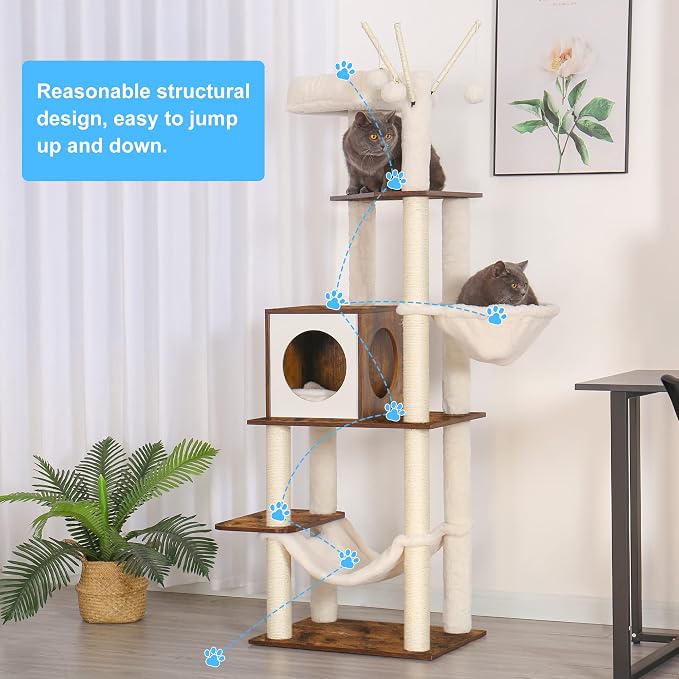 Hey-brother Wooden Cat Tree Tower with Hammock for Indoor Cats, MPJ120SR | 66.14 Inches Modern Scratching Post with Large Condo, Plush Top Platform, Cozy Basket, Bed, Hanging Toys, Rustic Brown - Image 7