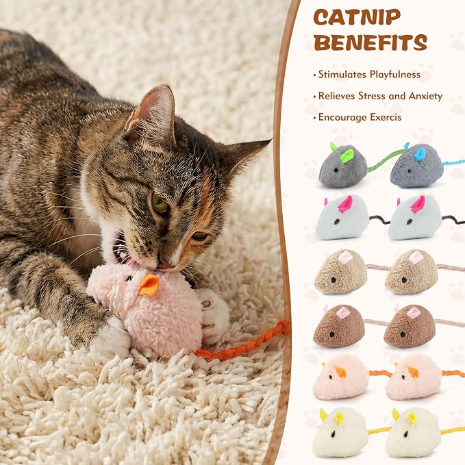WRW Cat Mice Toys with Catnip for Indoor Cats, 12 Pcs, 7 Colors | 12 Plush Catnip Mice Toys with Realistic Design, for Indoor Cats to Chase, Bite, Swat and Play Fetch - Image 4