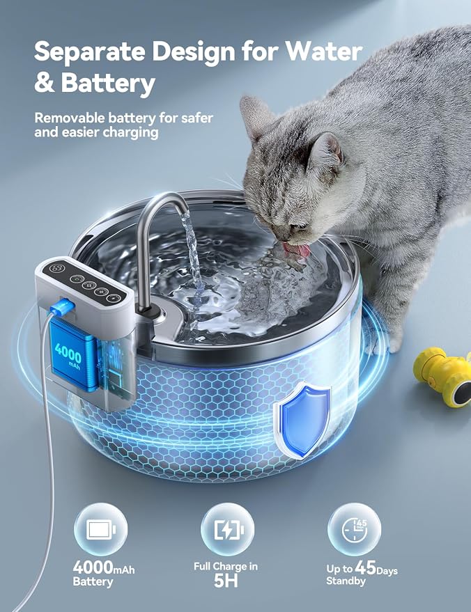 Wireless Cat Water Fountain [Water & Battery Separation] FEELNEEDY Stainless Steel Automatic Pet Water Dispenser, 4000mAh Battery Operated Water Fountains for Cats Dogs - 3.5L/118oz - Image 2