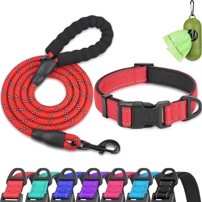 Dynmeow Reflective Dog Collar and Leash Set for Small Dogs, Red | Soft Neoprene Padded, 6FT Climbing Rope, Ideal for Daily Outdoor Walking or Indoor Wearing, Night Visible for Safety by Dynmeow