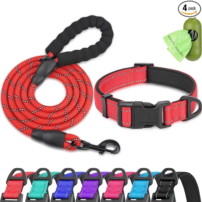 Dynmeow Reflective Dog Collar and Leash Set for Large Dogs, Red | Soft Neoprene Padded, 6FT Climbing Rope, Ideal for Daily Outdoor Walking or Indoor Wearing, Night Visible for Safety by Dynmeow