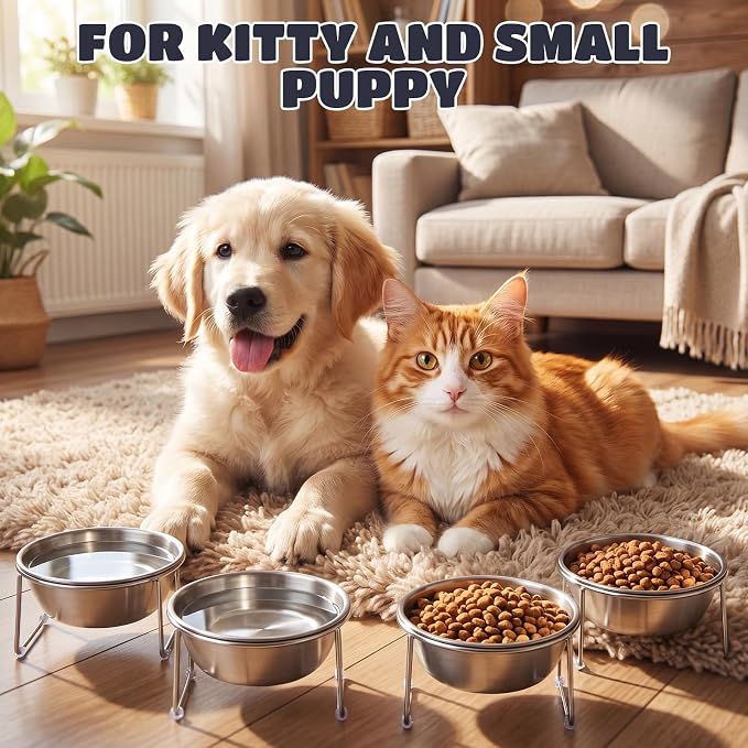 4 Pcs Elevated Cat Bowls 4.53'' Height Raised Stainless Steel Cat Food Bowls Anti-Slip 15° Tilted Stand Shallow Food and Water Dishes for Kitty and Small Puppy (Single Bowl) - Image 5