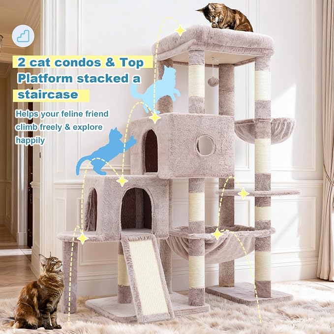 Hey-brother Cat Tree Tower with Plush Steped Condos, Big Platform, MPJ071MU | 50 Inches Tiered Climbing Cat House with Sisal Scratching Posts, Spacious Hammock, Cozy Basket for Indoor Cats, Muchroom - Image 3