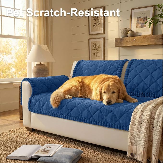 Smiry Non Slip Couch Cover for Dogs, Fuzzy Plush Pet Sofa Protector | Washable Furniture Cover for Large Dogs & Cats, Scratch & Dirt Resistant, For 3 Cushion Couch, Navy, 27.6"x88" - Image 2