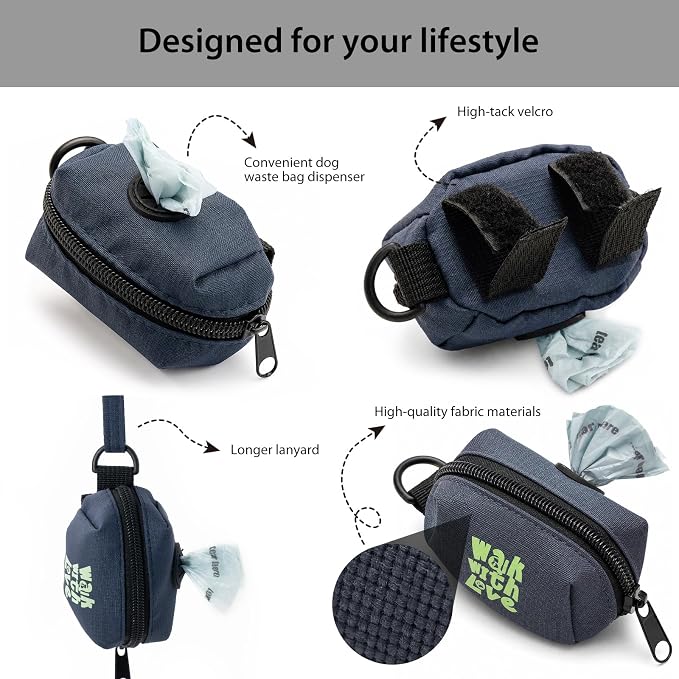 Dog Waste Bag Dispenser, Poop Bag Holders for Leashes, Dark Blue | Soft Fabric Zipper Small Dog Puppy Pouch for Leash Accessory Attachment, Doggy Poop Bag Holder for Travel, Dog Walking, Park - Image 2