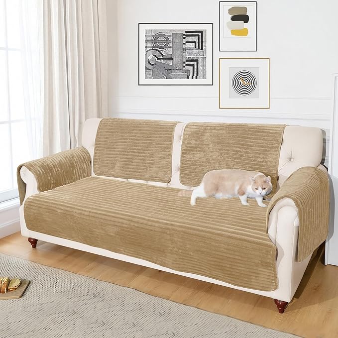 NAISI Couch Covers for Dogs Waterproof Flannel Striped Sofa Cover Pet Friendly Washable Dog Mat for Couch Anti Slip Sectional Sofa Slipcover Protector(1pc/35"x 70",Camel) - Image 5