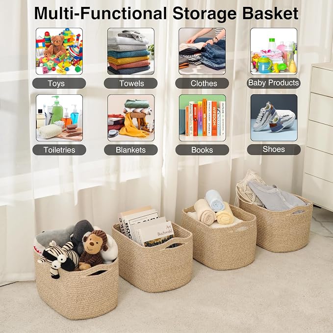 ICERZCZ Storage Baskets for Organizing & Shelves, Woven Cotton Rope Organization Bins for Dog Toys, Clothes, Books, Nursery Organizer, 15"Lx11''Wx9.5''H, (4 Packs) Brown - Image 4