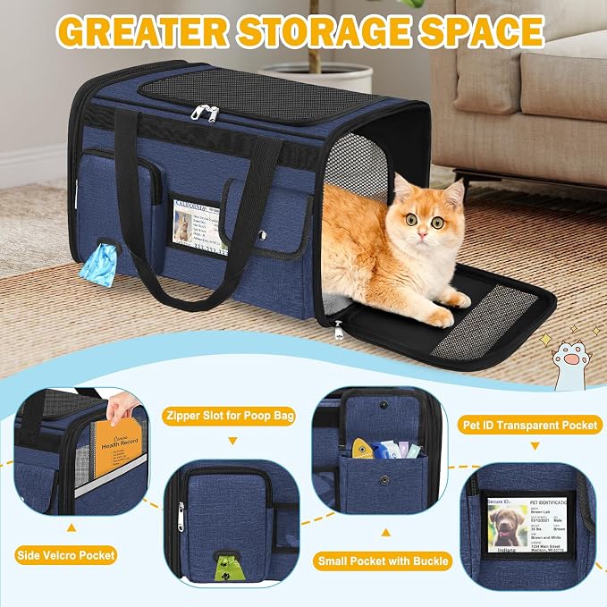 HUANLANG Large Cat Carrier Soft Sided Travel Pet Carrier Airline Approved | Dog Carriers for Small Dogs Medium Cats,Collapsible,3 Storage,zipper lock,Reflective strips,Luggage Strap, Up to 15 Lbs - Image 2