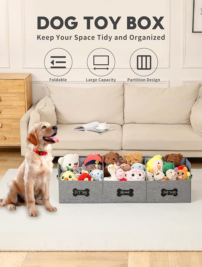 Qozary Large Dog Toy Basket with Diy Tag - Collapsible Dog Toy Bin, Fabric Personalized Storage Box, Trapezoid Storage and Organizer for Pet Supplies (Gray, Extra Large 47"x13.4") - Image 2