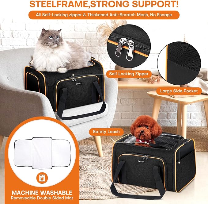Pet Carrier, Large Soft Sided Expandable Travel Carrier with Steel Frame, Anti-Scratch Mesh, Removable Fleece Pad and Pockets for Cats, Dogs and Small Animals up to 15 lbs (Black, 5 Sides Expandable) - Image 5