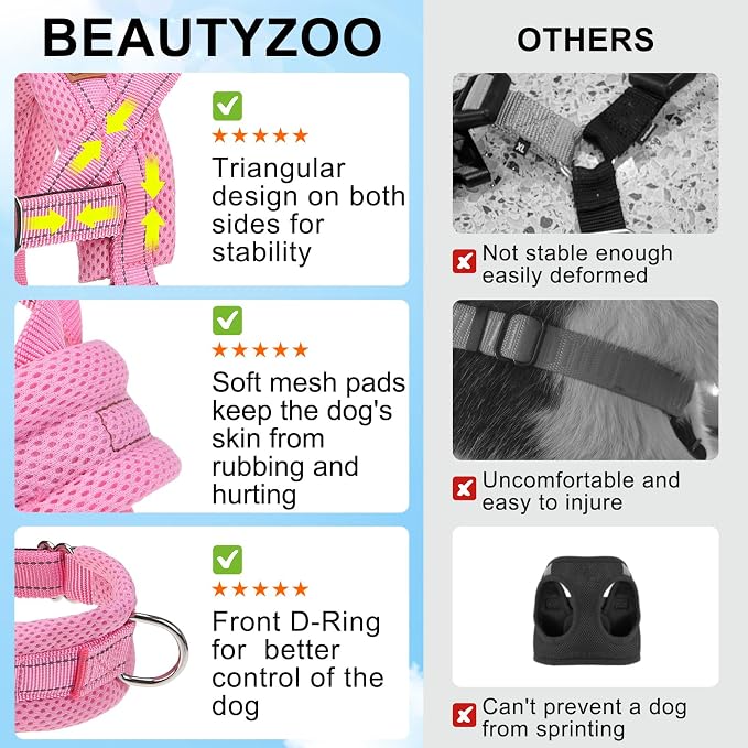 BEAUTYZOO Small Dog Harness and Leash Set, No Pull Step in Puppy Vest | Neck & Chest Adjustable, No Choke Escape Proof, Breathable with Handle, Lightweight, Easy Control for Walking, Pink S - Image 3