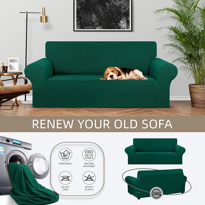 KEKUOU Stretch Loveseat Couch Cover, 2 Cushion Couch Slipcover,Hunter | 1-Piece Washable Sofa Cover Pet Friendly (55"-78") Furniture Protector Soft Jacquard, Elastic Bottom for Dogs & Kids - Image 3