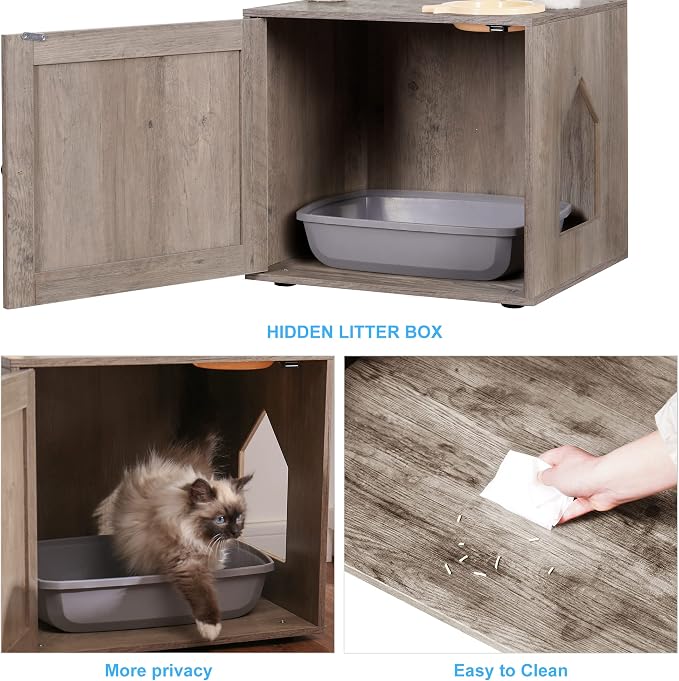 Hey-brother Cat Tree Tower, Litter Box Enclosure, Food Station, MPJ100SG | 47.24 Inches Wooden All-in-one Cat House, Large Hammock, Bed, Scratching Posts, Modern Style for Indoor Cats, Rustic Gray - Image 6