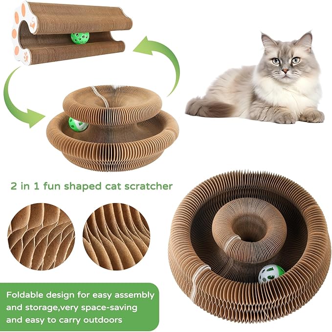 Goosheep 3 Pack Cardboard Cat Scratcher Board,Accordion Toy for Indoor Cats | Magic Organ Cat Scratching Post Sharpening Claws, Foldable Cat Toy with Bell, Exercise&Play for Indoor Small&Medium-Sized Cat - Image 3