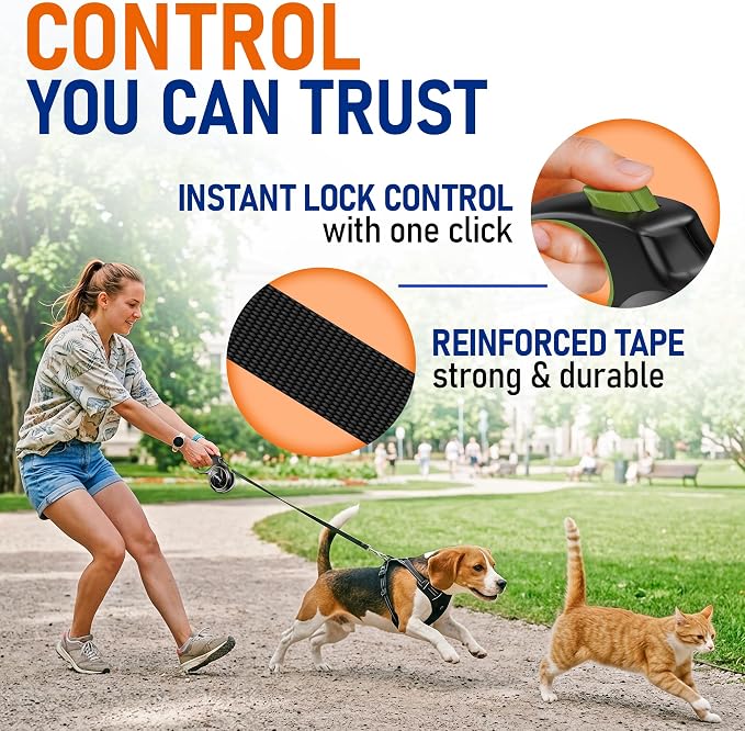 20.1 ft Retractable Dog Leash for Dogs 10–100 lbs - Heavy Duty Tape Leash with Strong Nylon Tape - 360° Swivel Control - One-Click Brake & Lock - Ergonomic Non-Slip Grip for Safe & Easy Daily Walks GR - Image 5