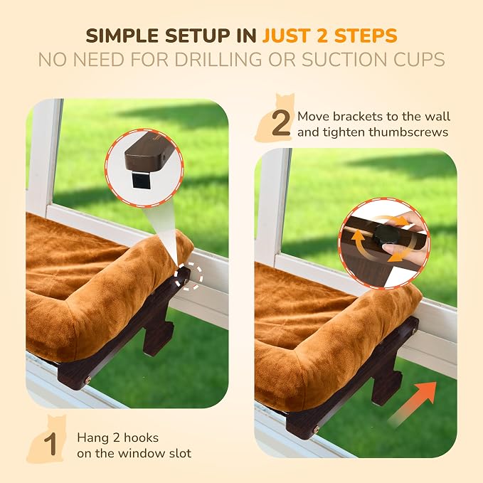 [Ready to Gift] PURRHOUSE 45LBS Cat Window Perch with Bolster, Hammock Seat with Plywood & Metal Frame, Cat Bed for Windowsill, Bedside and Cabinet (Walnut Wood & Brown Cushion, 24.8''W x 9.4''H) - Image 8