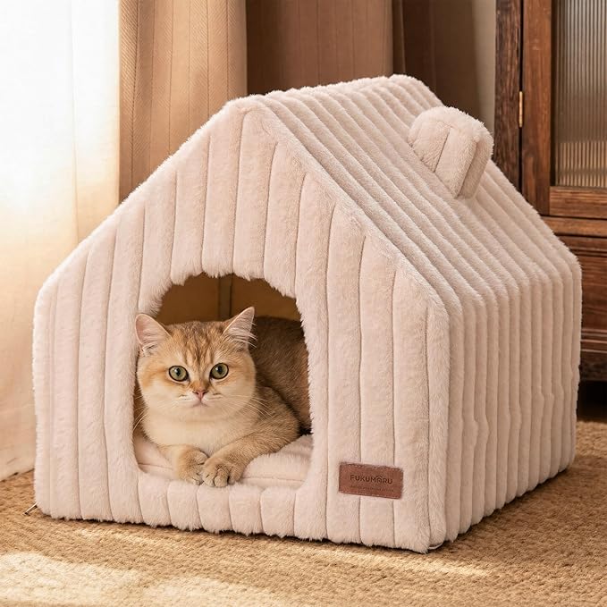 FUKUMARU Cat Bed Cave, Enclosed Washable Covered Dog Bed with Support Frame | Large Cat House for Indoor Cats, Cozy Cat Hideaway for Anxious Cats, Soft Plush Faux Fur Cat Tent Bed, Non-Slip Bottom by FUKUMARU