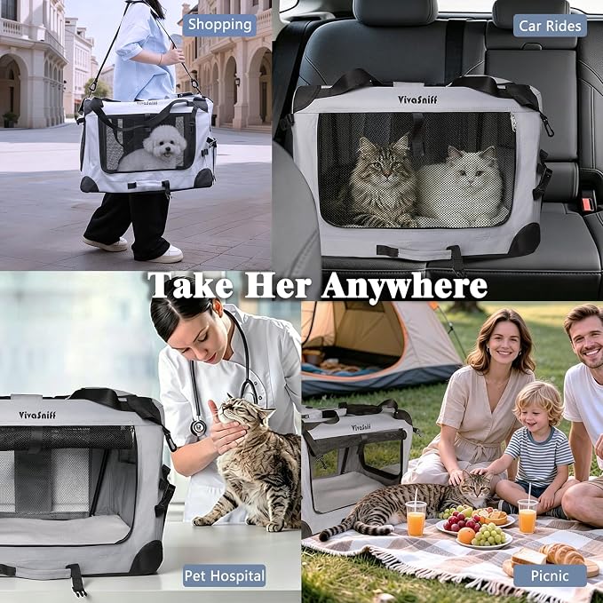 Large Cat Carrier, Foldable Car Travel Dog Crate-Small Dogs | 24" Fits 2 Cats or 1 Small Dog, up to 55 lbs, Soft mat, zipper lock prevents escapes, Foldable Car Travel Pet Crate - Image 4