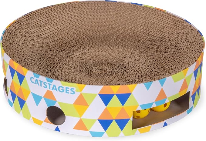 Catstages Bowl Track Scratcher 3-in-1 Ball Track, Scratcher, Lounger, 13.8" | Corrugated Scratch Pad & Lounger + Ball Track Cat Toy with 2 Balls for Interactive Play, Indoor Enrichment, Cats & Kittens by Catstages