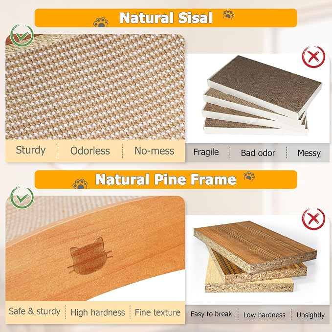 3 in 1 Sisal Cat Scratcher Bed, Solid Pine Cat Scratcher with Balls (Wood) | Extra Large Cat Scratching Post with Hammock, Cat Scratcher for Scratch & Play & Rest, Cat Furniture for Indoor Cats, Kitten - Image 7